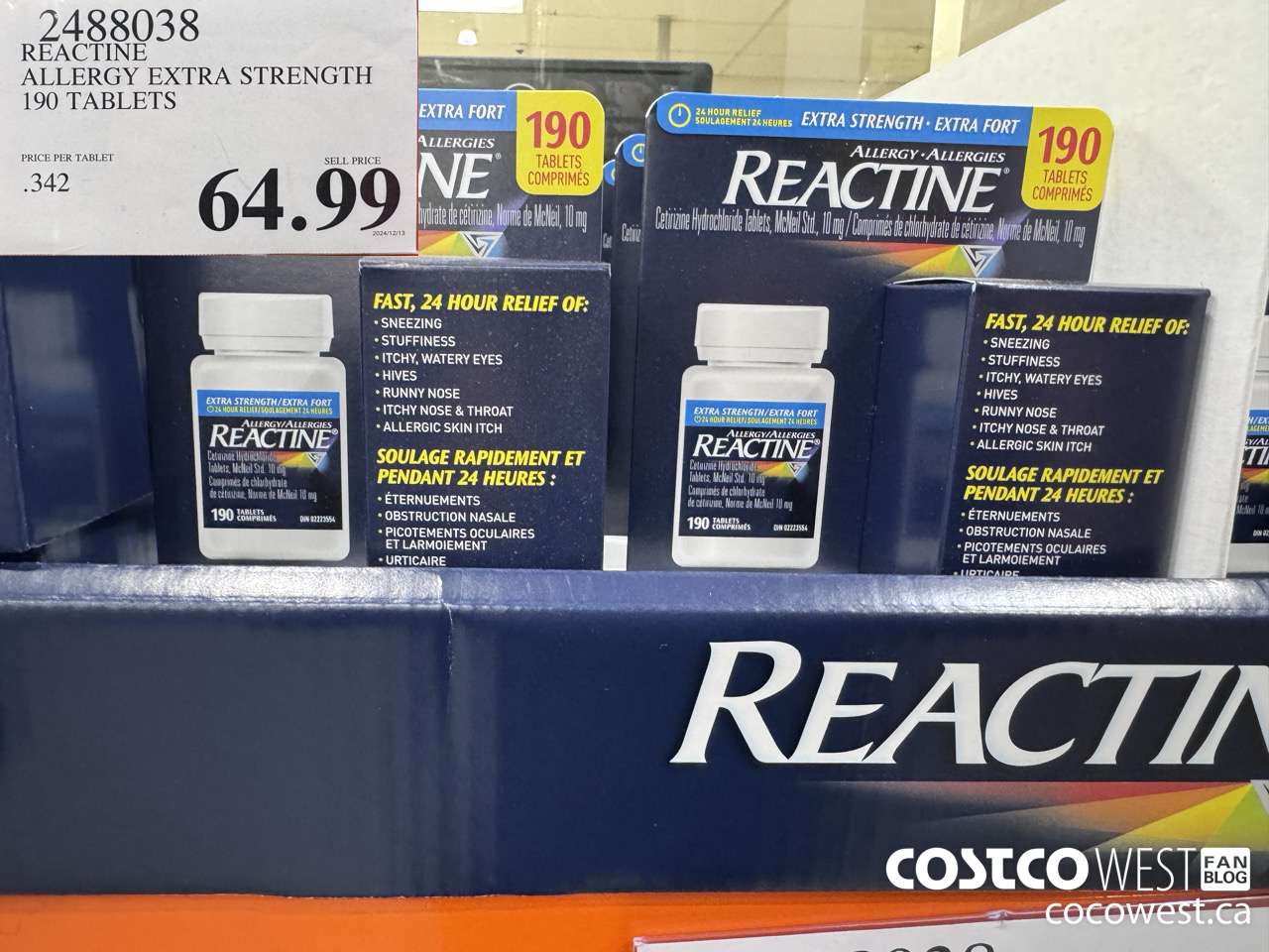 2488038 REACTINE ALLERGY EXTRA STRENGTH 190 TABLETS $64.99
