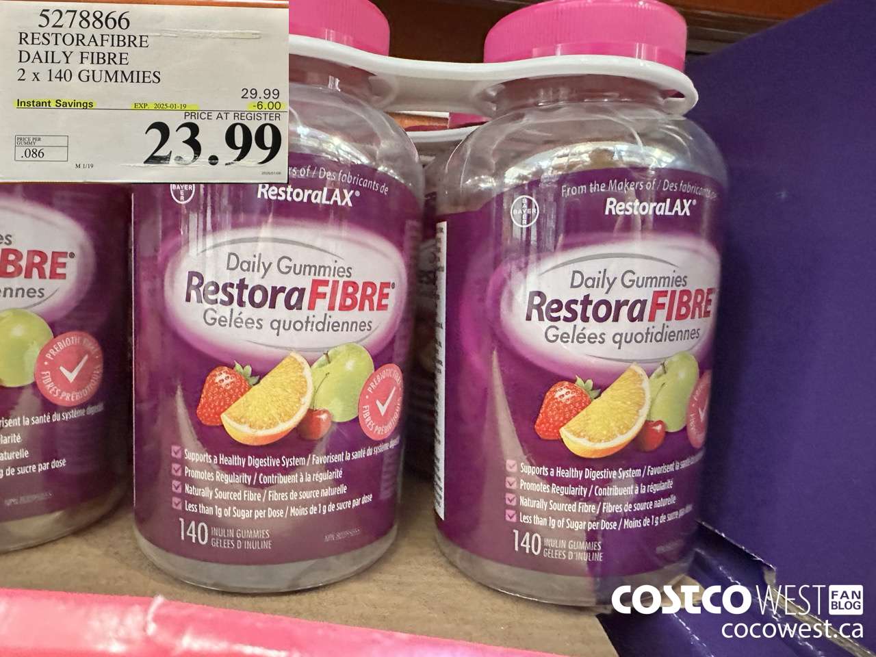 5278866 RESTORAFIBRE DAILY FIBRE 2 X 140 GUMMIES ($6.00 INSTANT SAVINGS EXPIRES ON 2025-01-19) $23.99