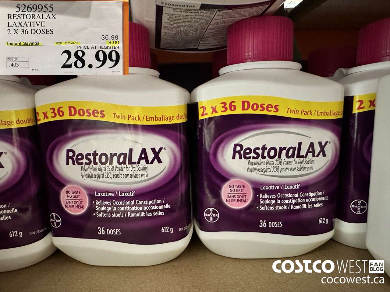 5269955 RESTORALAX LAXATIVE 2 X 36 DOSES ($8.00 INSTANT SAVINGS EXPIRES ON 2025-01-26) $28.99