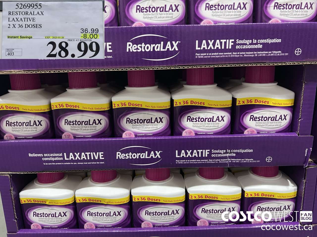 5269955 RESTORALAX LAXATIVE 2 X 36 DOSES ($8.00 INSTANT SAVINGS EXPIRES ON 2025-01-26) $28.99
