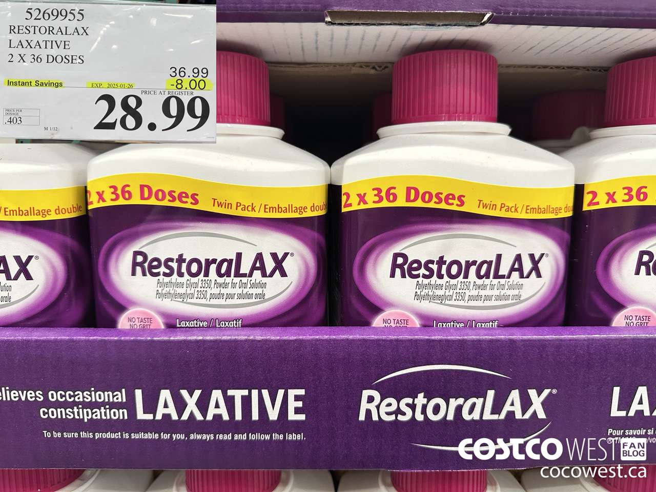 5269955 RESTORALAX LAXATIVE 2 X 36 DOSES ($8.00 INSTANT SAVINGS EXPIRES ON 2025-01-26) $28.99