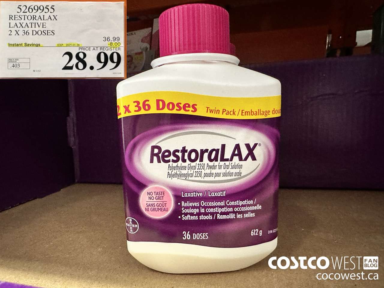 5269955 RESTORALAX LAXATIVE 2 X 36 DOSES ($8.00 INSTANT SAVINGS EXPIRES ON 2025-01-26) $28.99