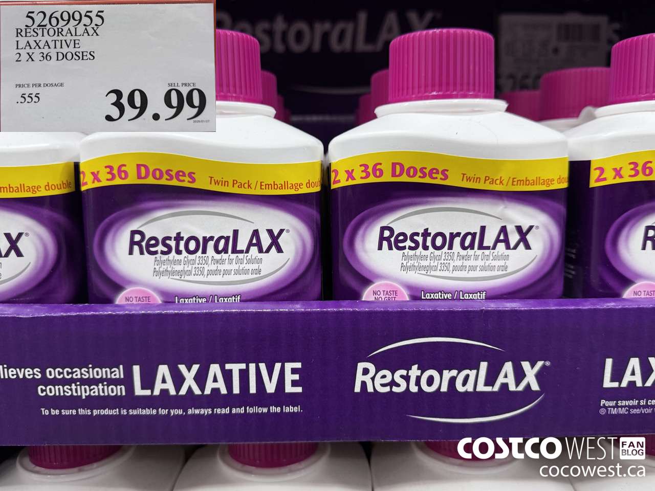 5269955 RESTORALAX LAXATIVE 2 X 36 DOSES $39.99
