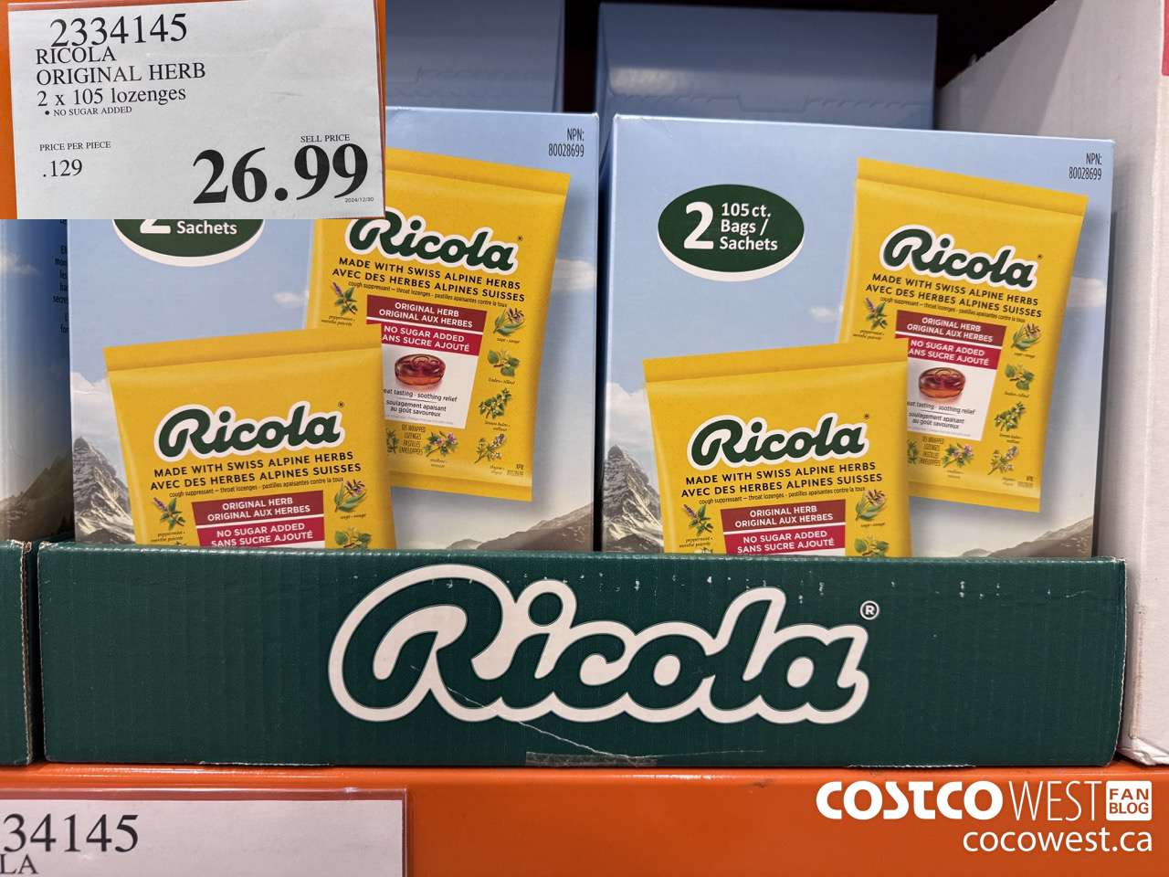 2334145 RICOLA ORIGINAL HERB 2 X 105 LOZENGES $26.99