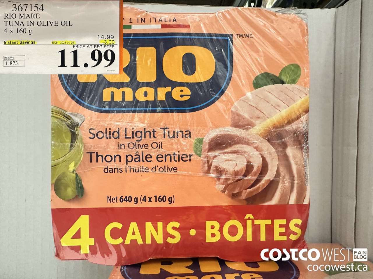 367154 RIO MARE TUNA IN OLIVE OIL 4 x 160 g ($3.00 INSTANT SAVINGS EXPIRES ON 2025-01-26) $11.99