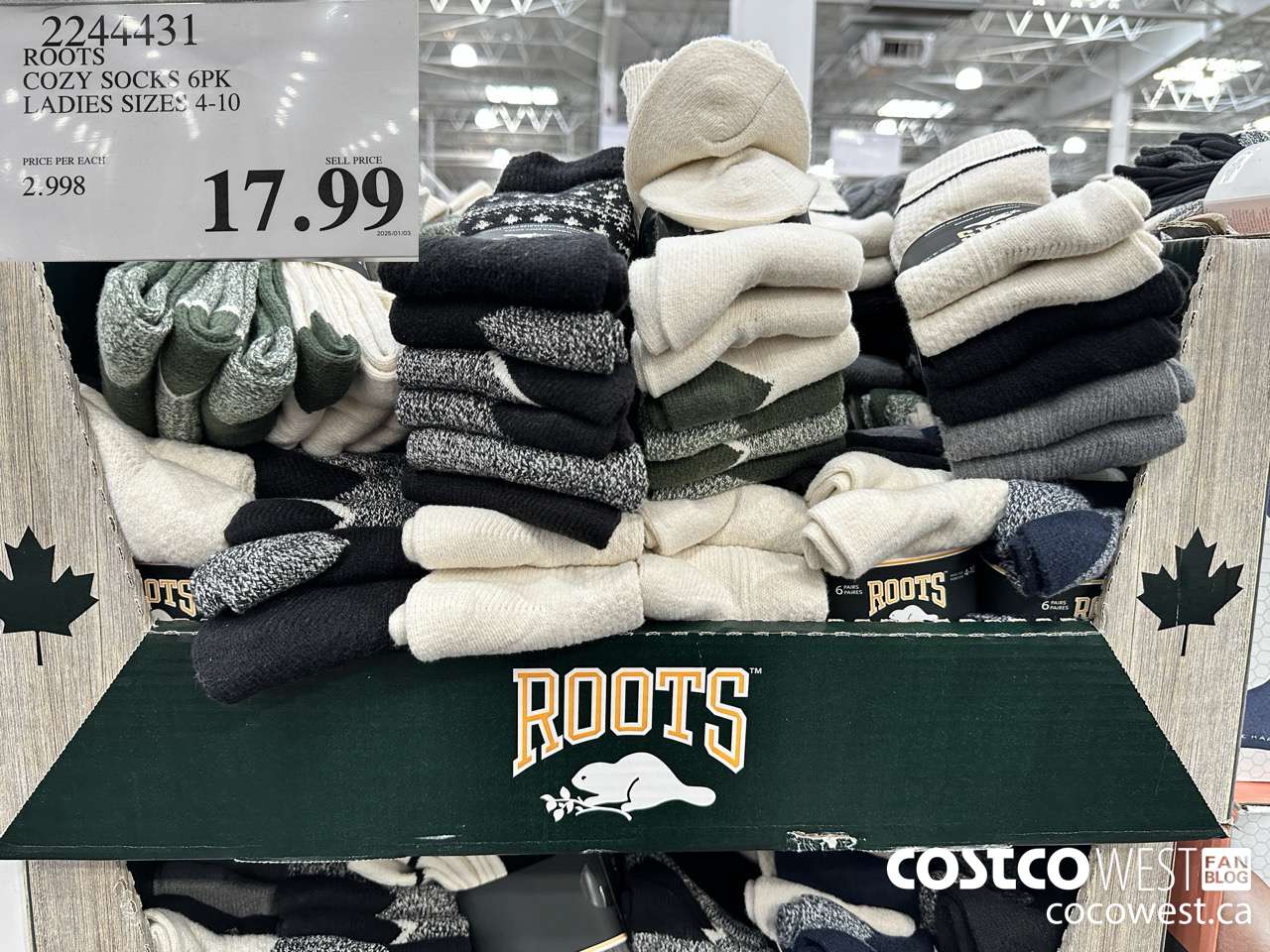 2244431 ROOTS COZY SOCKS 6PK LADIES SIZES 4-10 $17.99