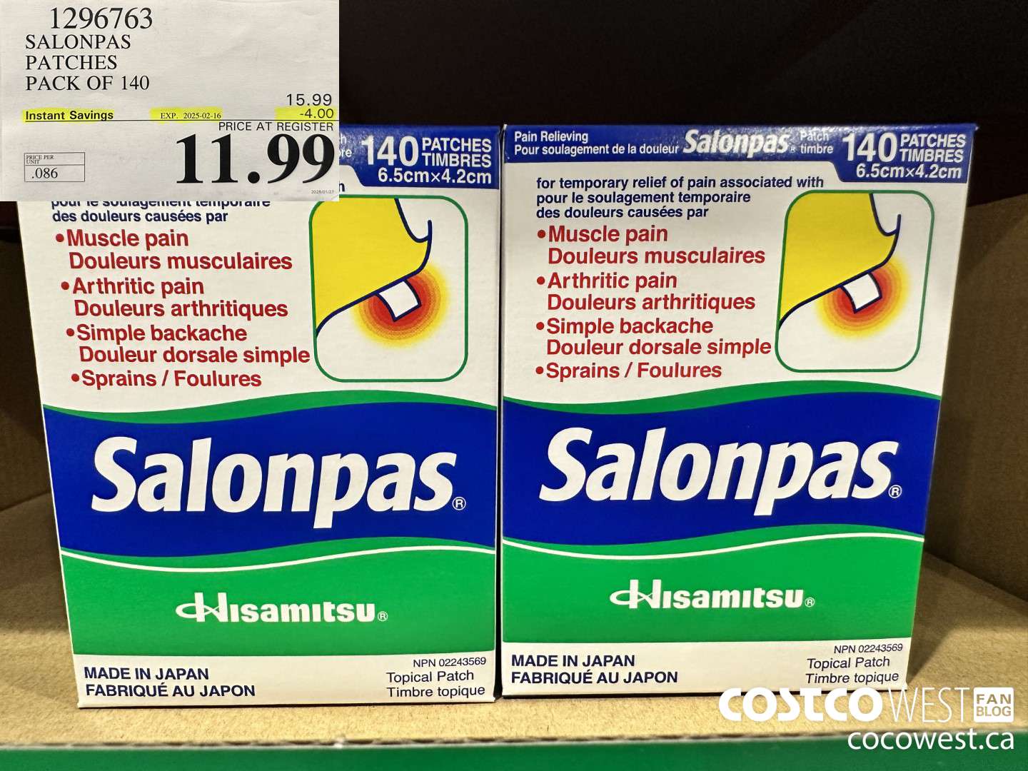 1296763 SALONPAS PATCHES PACK OF 140 ($4.00 INSTANT SAVINGS EXPIRES ON 2025-02-16) $11.99