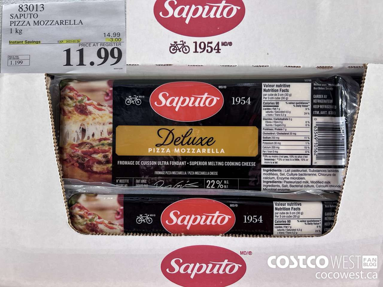 83013 SAPUTO PIZZA MOZZARELLA 1 kg ($3.00 INSTANT SAVINGS EXPIRES ON 2025-01-26) $11.99