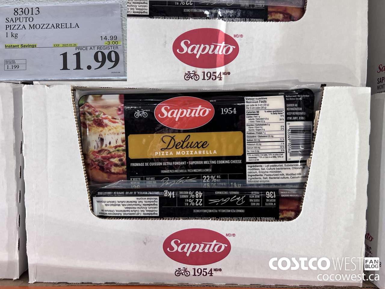 83013 SAPUTO PIZZA MOZZARELLA 1 kg ($3.00 INSTANT SAVINGS EXPIRES ON 2025-01-26) $11.99
