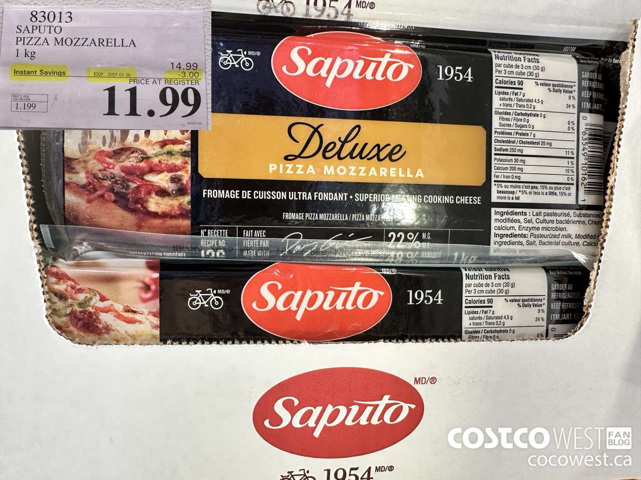 83013 SAPUTO PIZZA MOZZARELLA 1 kg ($3.00 INSTANT SAVINGS EXPIRES ON 2025-01-26) $11.99