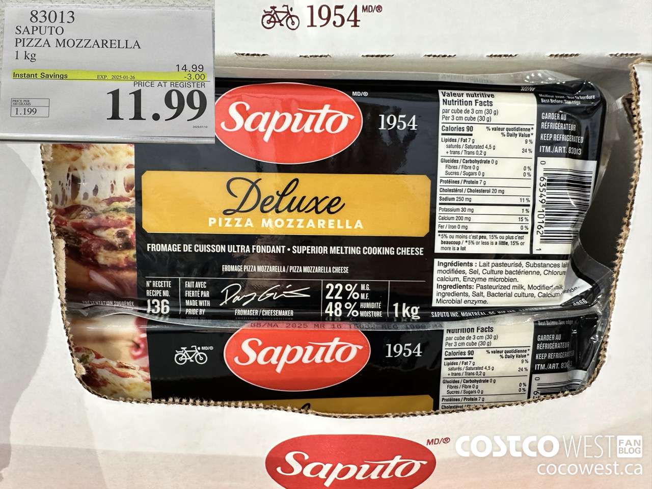 83013 SAPUTO PIZZA MOZZARELLA 1 kg ($3.00 INSTANT SAVINGS EXPIRES ON 2025-01-26) $11.99