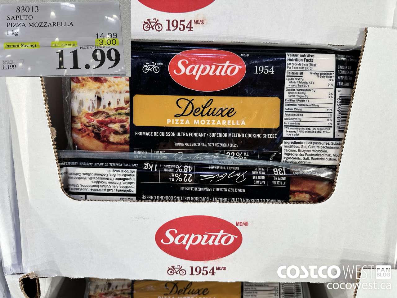 83013 SAPUTO PIZZA MOZZARELLA 1 kg ($3.00 INSTANT SAVINGS EXPIRES ON 2025-01-26) $11.99