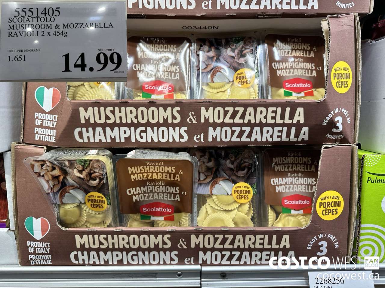 5551405 SCOIATTOLO MUSHROOM & MOZZARELLA RAVIOLI 2 X 454G $14.99