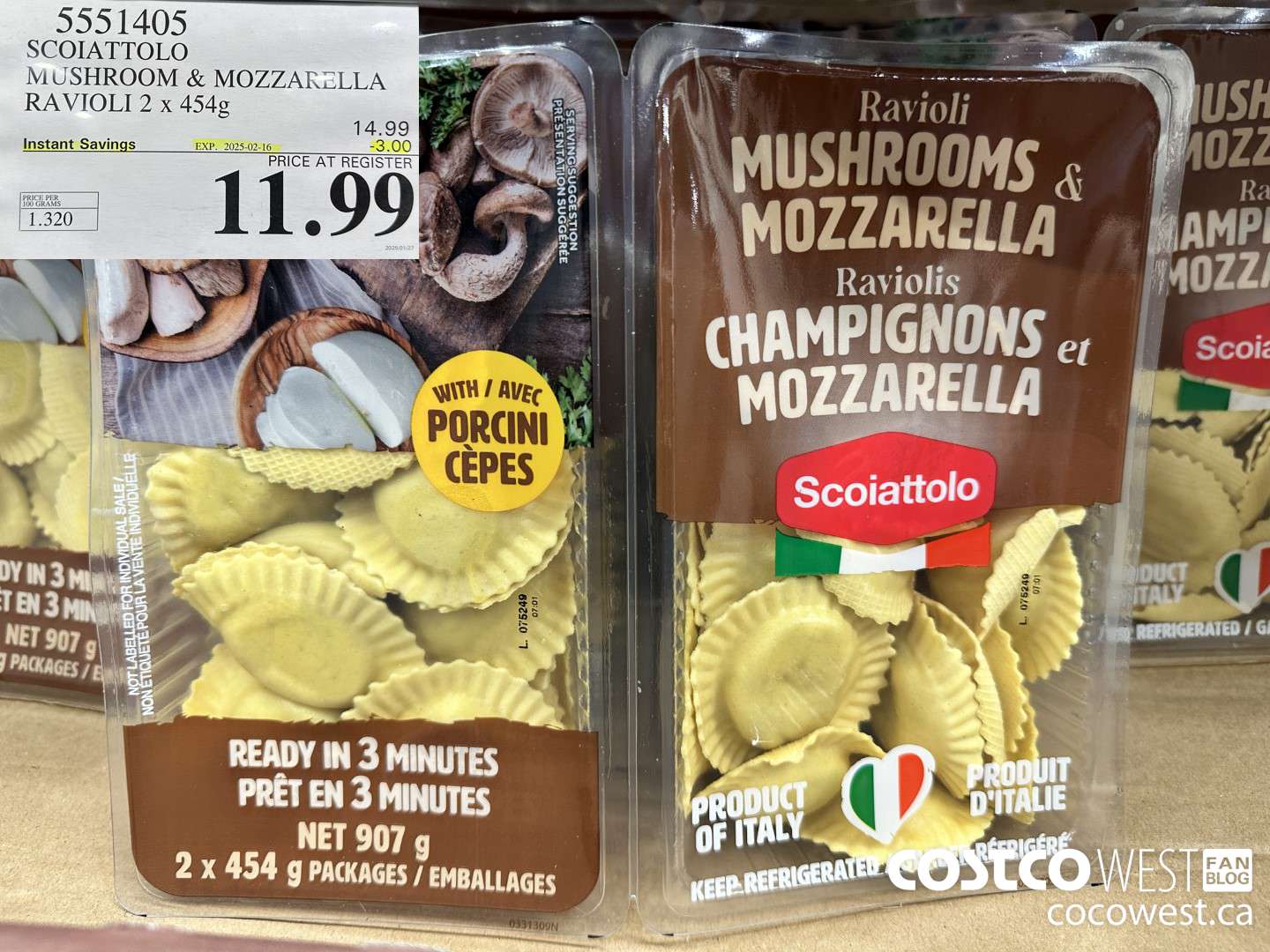 5551405 SCOIATTOLO MUSHROOM & MOZZARELLA RAVIOLI 2 X 454G ($3.00 INSTANT SAVINGS EXPIRES ON 2025-02-16) $11.99