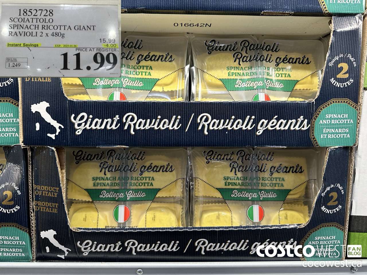 1852728 SCOIATTOLO SPINACH RICOTTA GIANT RAVIOLI 2 X 480G ($4.00 INSTANT SAVINGS EXPIRES ON 2025-01-26) $11.99