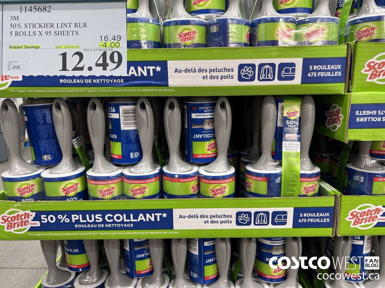 1145682 SCOTCH BRITE 50% STICKIER LINT RLR 5 ROLLS X 95 SHEETS ($4.00 INSTANT SAVINGS EXPIRES ON 2025-01-26) $12.49