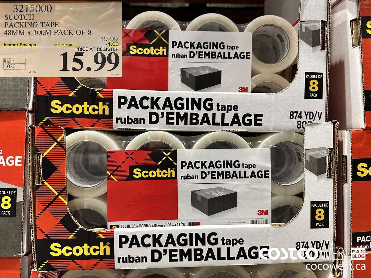 3215000 SCOTCH PACKING TAPE 48MM x 100M PACK OF 8 ($4.00 INSTANT SAVINGS EXPIRES ON 2025-01-19) $15.99