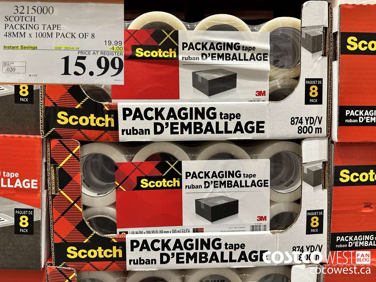 3215000 SCOTCH PACKING TAPE 48MM x 100M PACK OF 8 ($4.00 INSTANT SAVINGS EXPIRES ON 2025-01-19) $15.99