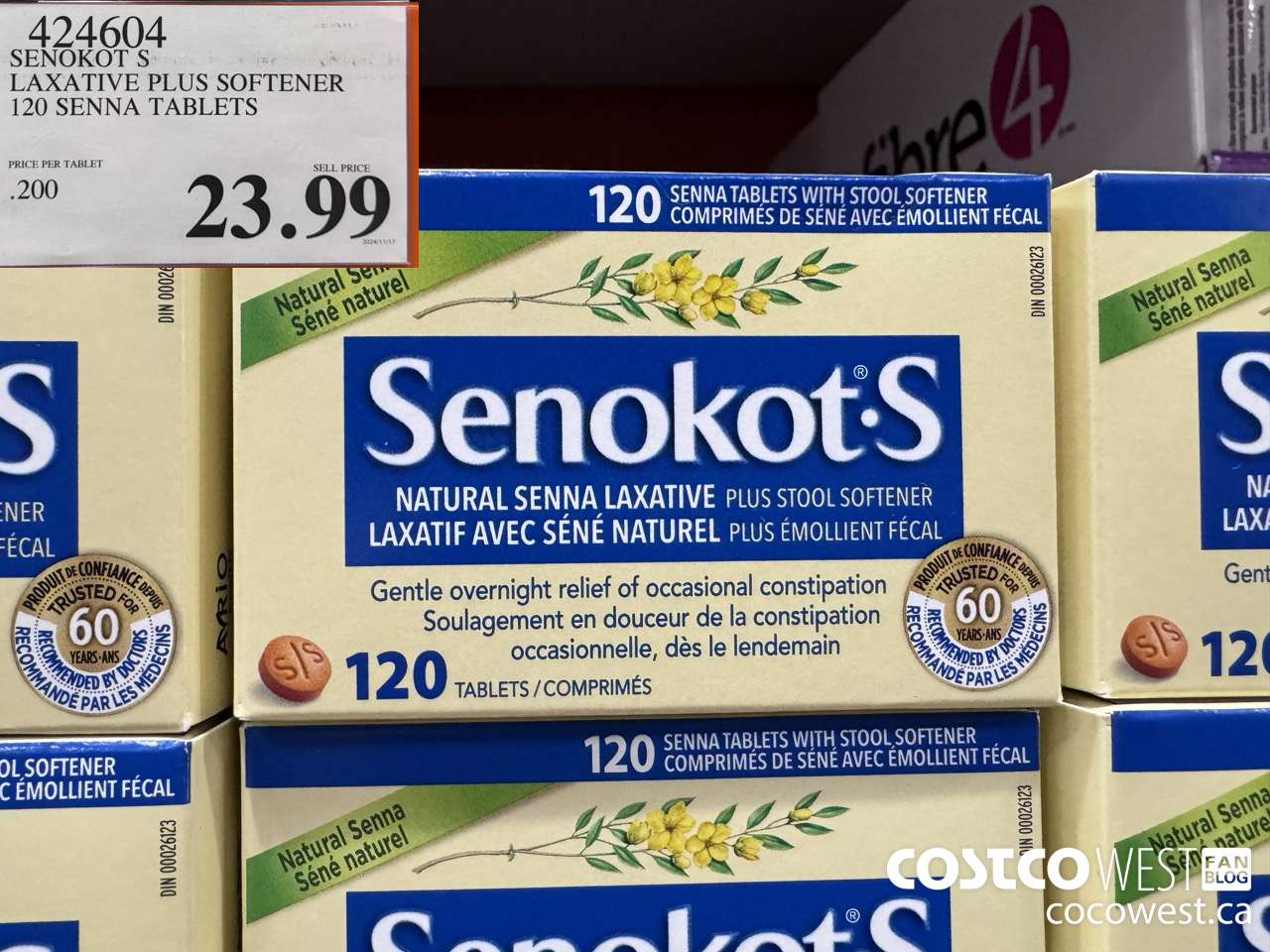 424604 SENOKOT S LAXATIVE PLUS SOFTENER 120 SENNA TABLETS $23.99
