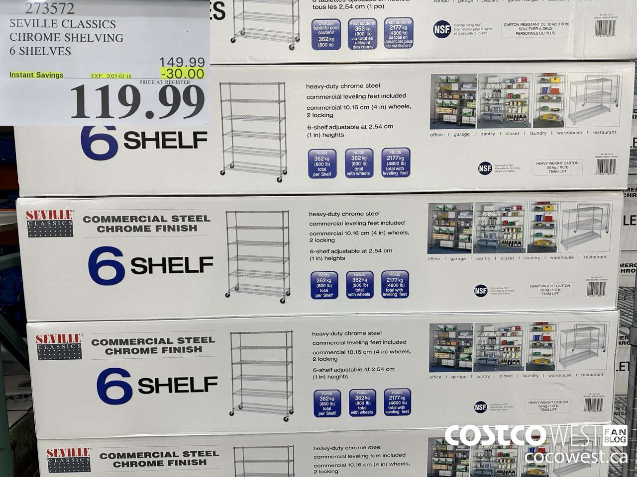 273572 SEVILLE CLASSICS CHROME SHELVING 6 SHELVES ($30.00 INSTANT SAVINGS EXPIRES ON 2025-02-16) $119.99