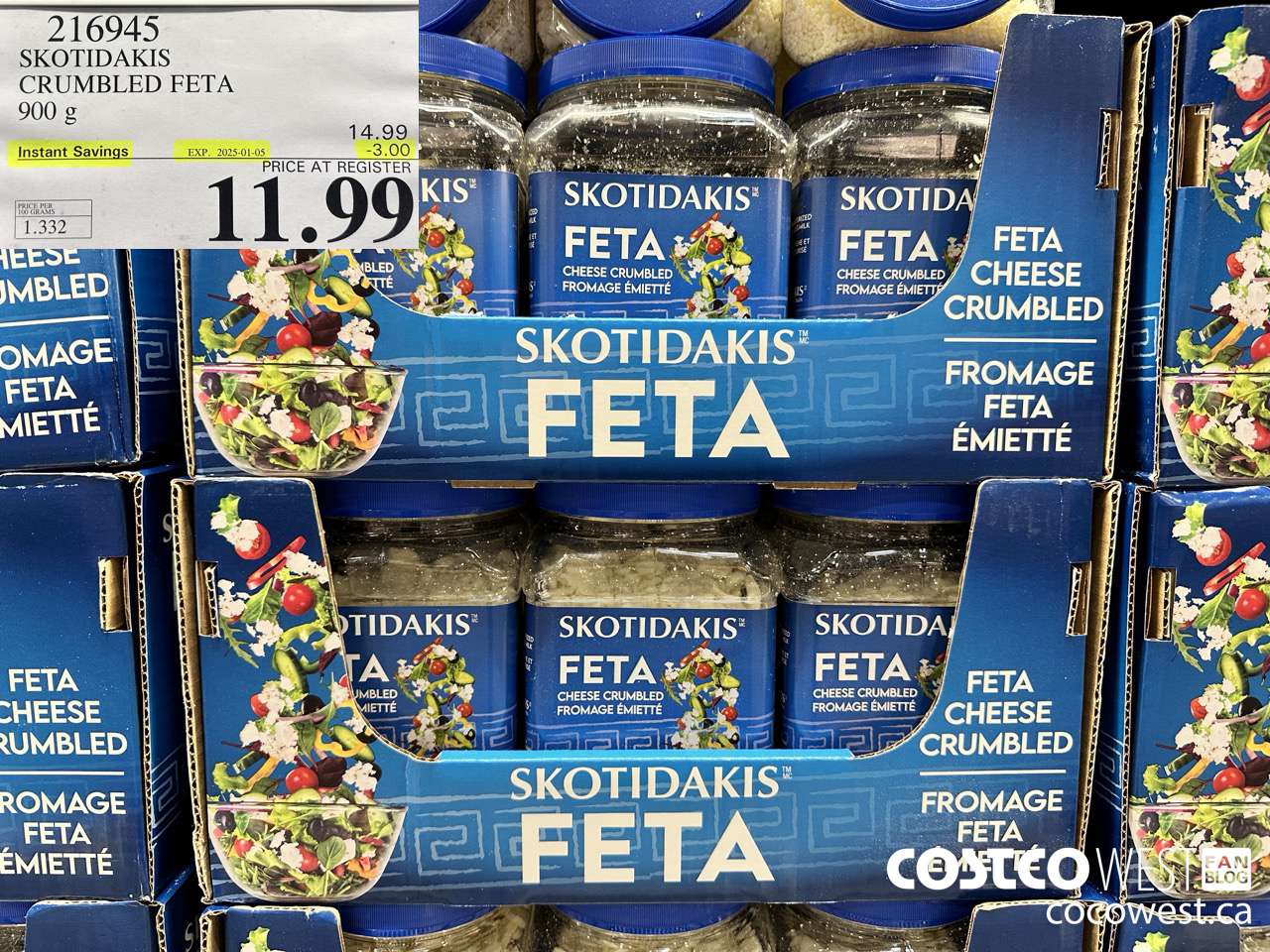 216945 SKOTIDAKIS CRUMBLED FETA 900 g ($3.00 INSTANT SAVINGS EXPIRES ON 2025-01-05) $11.99