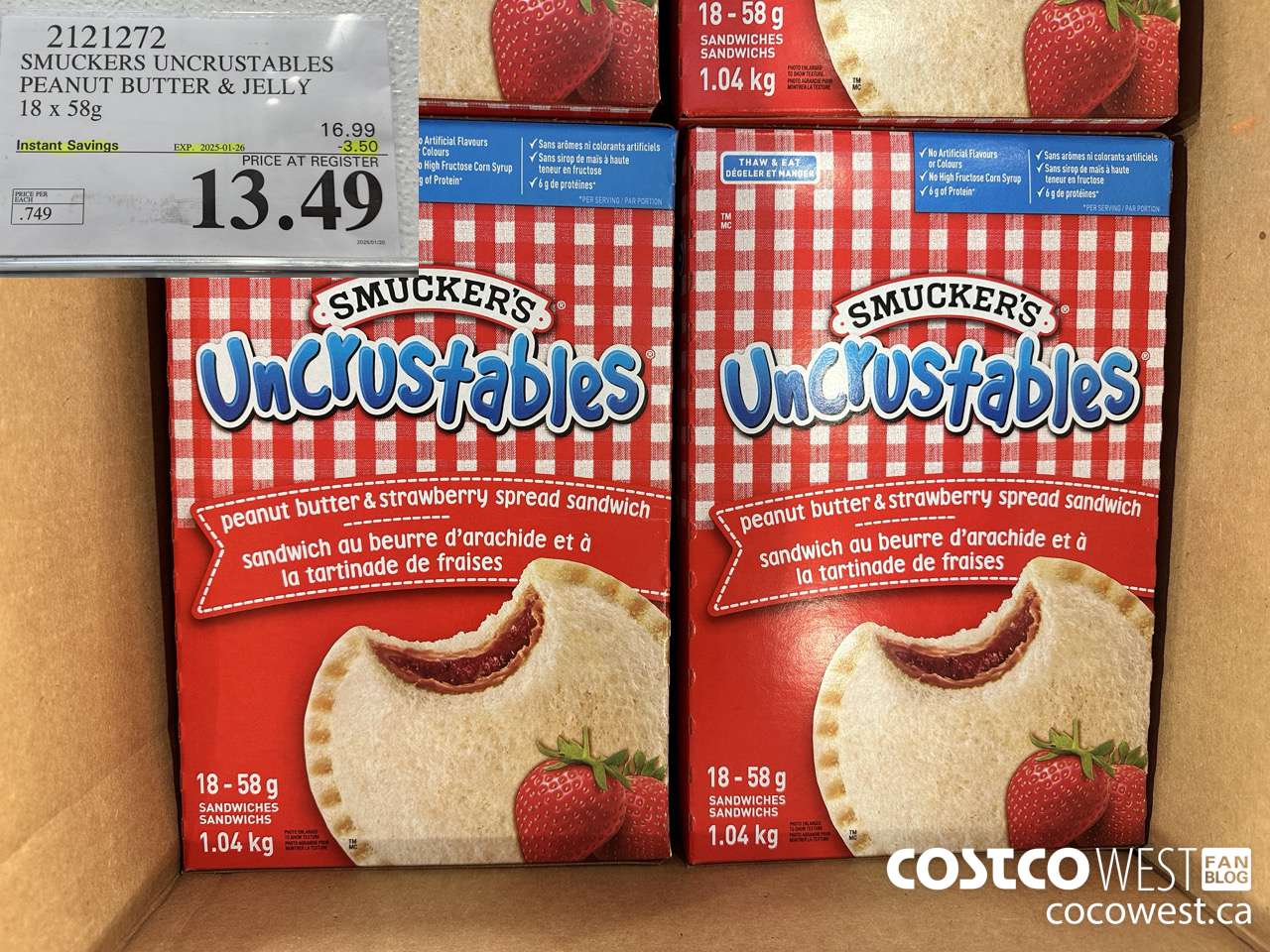 2121272 SMUCKERS UNCRUSTABLES PEANUT BUTTER & JELLY 18 X 58G ($3.50 INSTANT SAVINGS EXPIRES ON 2025-01-26) $13.49