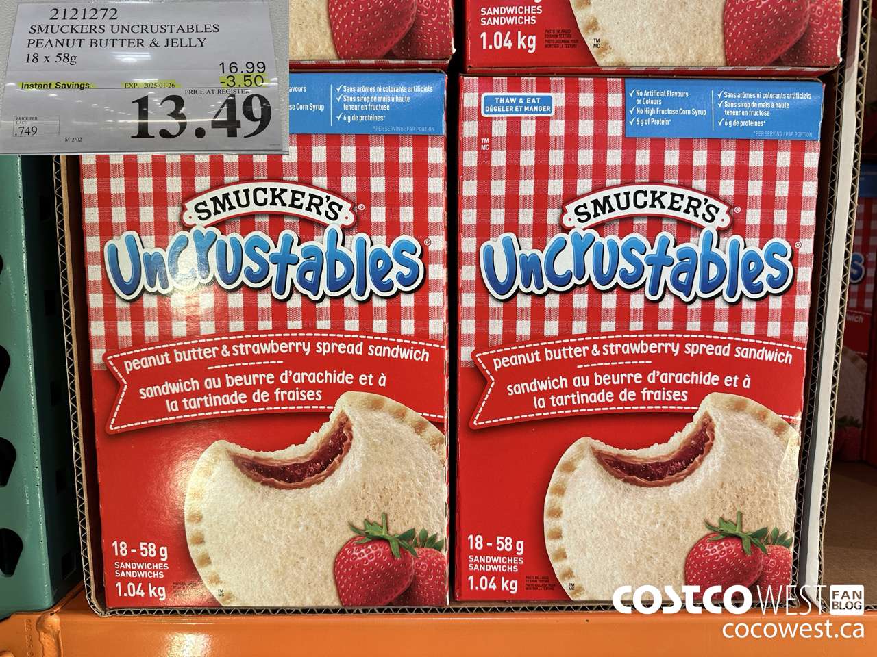 2121272 SMUCKERS UNCRUSTABLES PEANUT BUTTER & JELLY 18 X 58G ($3.50 INSTANT SAVINGS EXPIRES ON 2025-01-26) $13.49