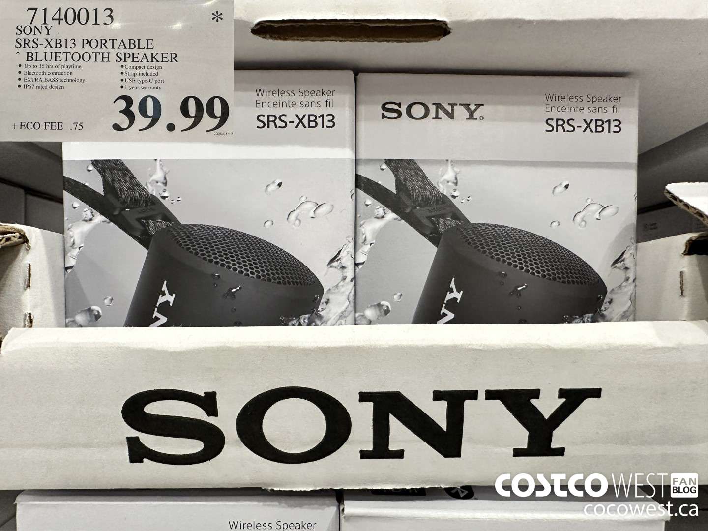 7140013 SONY SRSXB13 PORTABLE BLUETOOTH SPEAKER $39.99