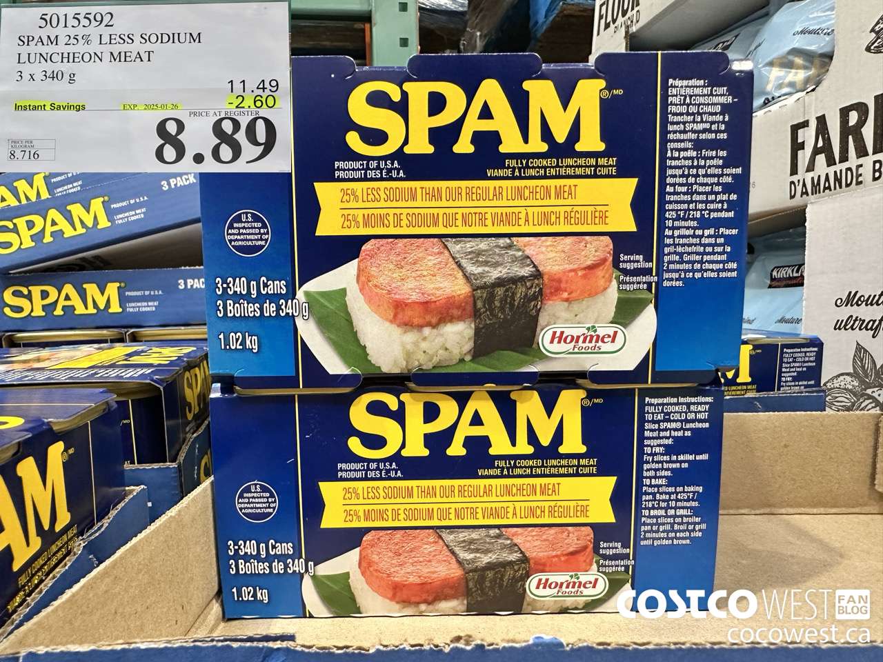 5015592 SPAM LESS SODIUM LUNCHEON MEAT 3 X 340G ($2.60 INSTANT SAVINGS EXPIRES ON 2025-01-26) $8.89
