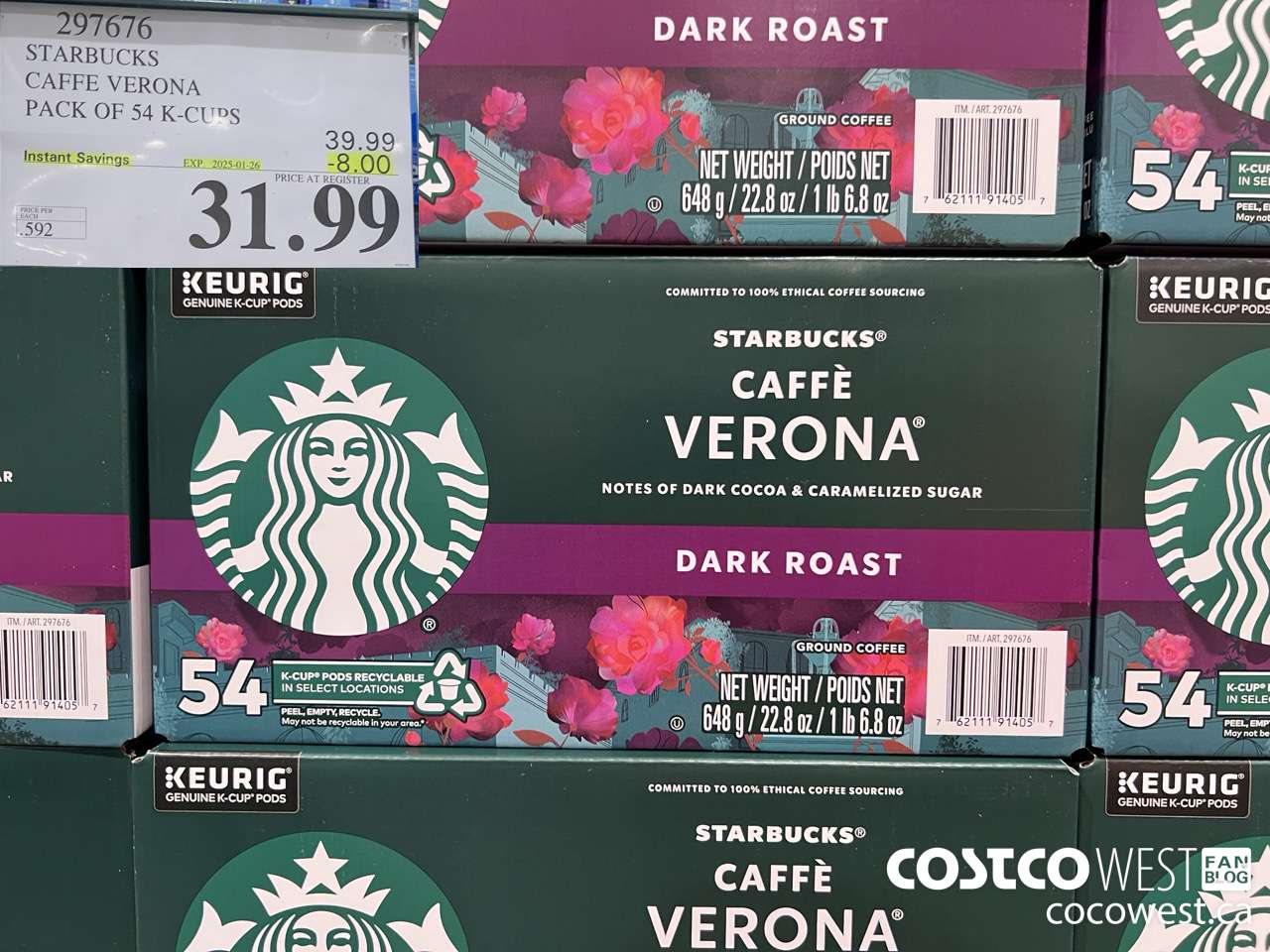 297676 STARBUCKS CAFFE VERONA K-CUPS 54 COUNT ($8.00 INSTANT SAVINGS EXPIRES ON 2025-01-26) $31.99