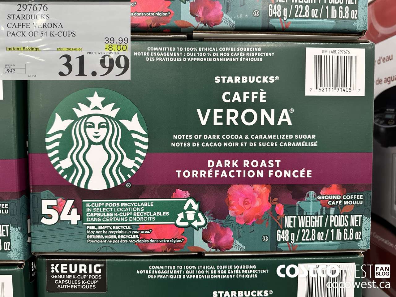 297676 STARBUCKS CAFFE VERONA K-CUPS 54 COUNT ($8.00 INSTANT SAVINGS EXPIRES ON 2025-01-26) $31.99