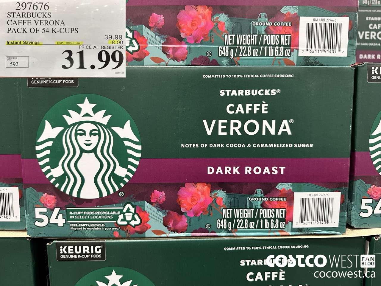 297676 STARBUCKS CAFFE VERONA K-CUPS 54 COUNT ($8.00 INSTANT SAVINGS EXPIRES ON 2025-01-26) $31.99