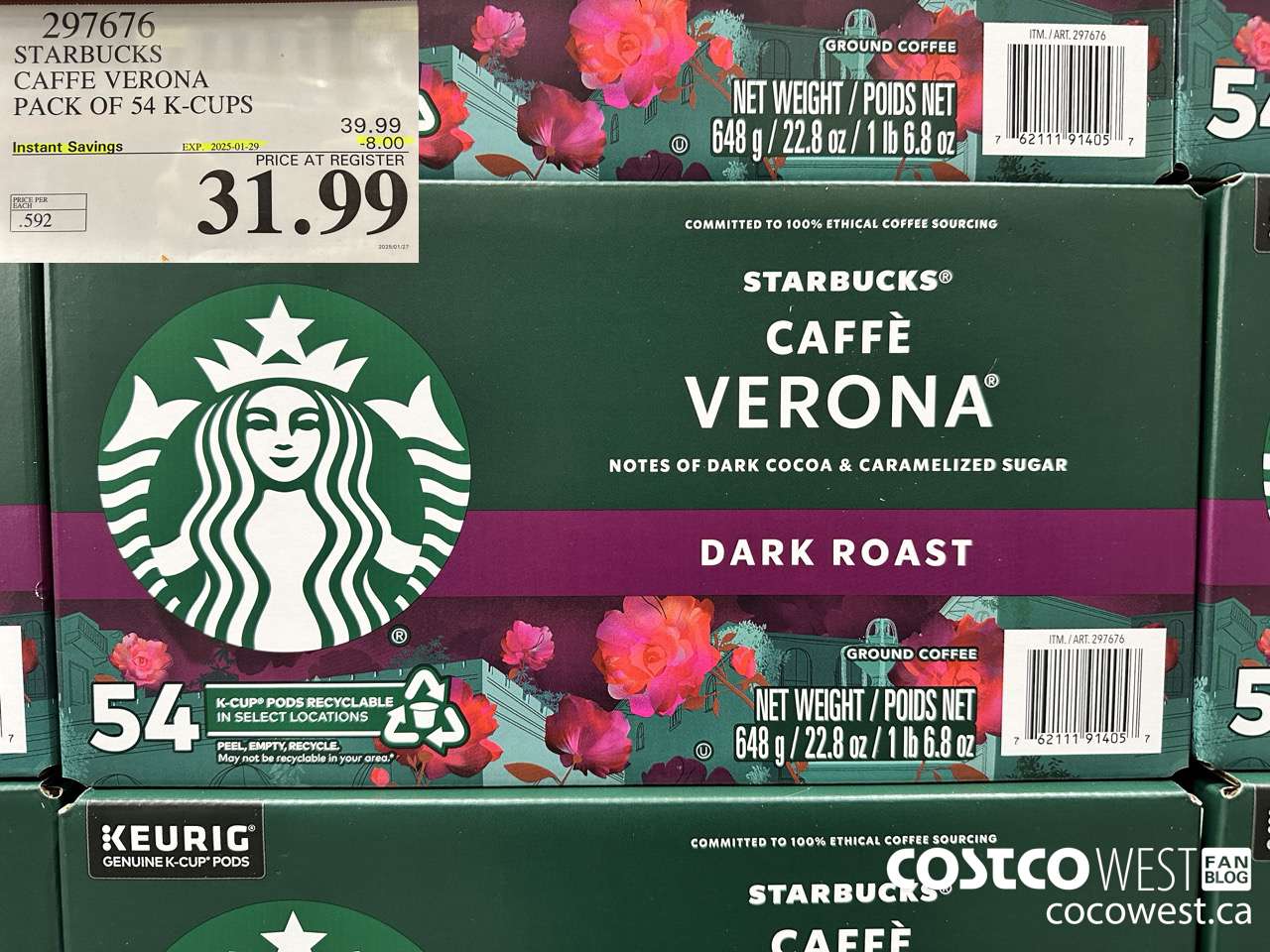 297676 STARBUCKS CAFFE VERONA K-CUPS 54 COUNT ($8.00 INSTANT SAVINGS EXPIRES ON 2025-01-29) $31.99