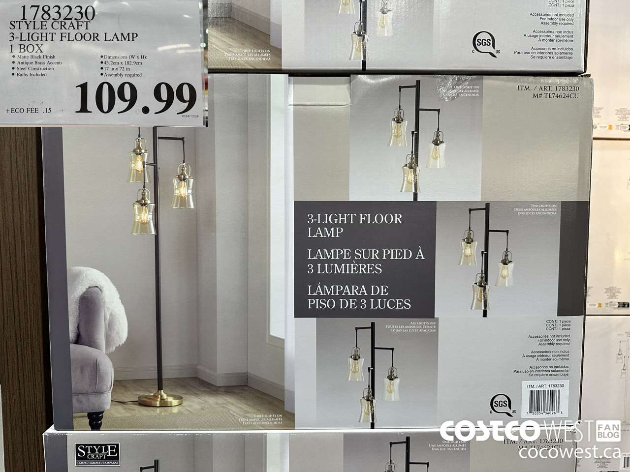 1783230 STYLE CRAFT 3-LIGHT FLOOR LAMP $109.99