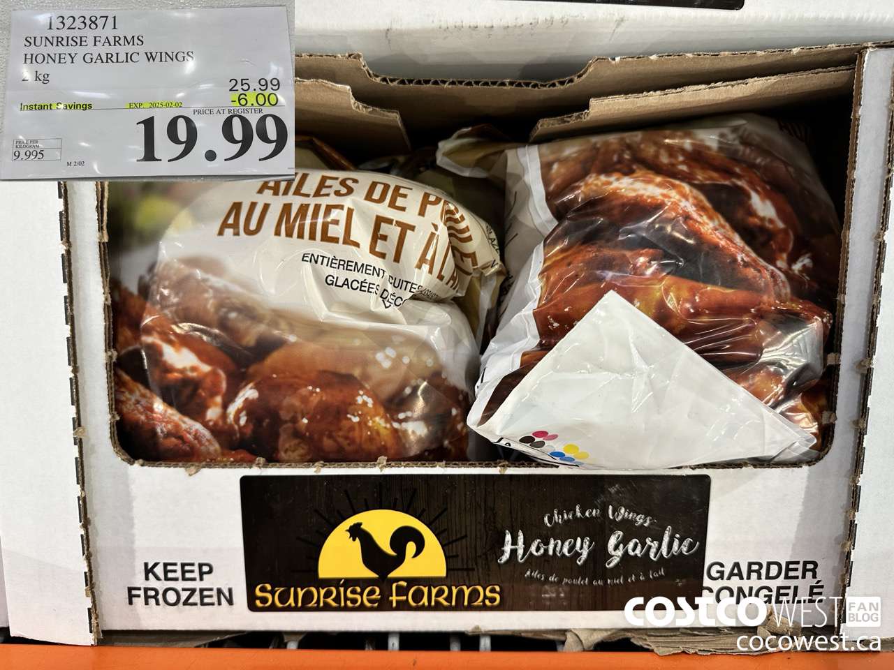1323871 SUNRISE FARMS HONEY GARLIC WINGS 2 kg ($6.00 INSTANT SAVINGS EXPIRES ON 2025-02-02) $19.99