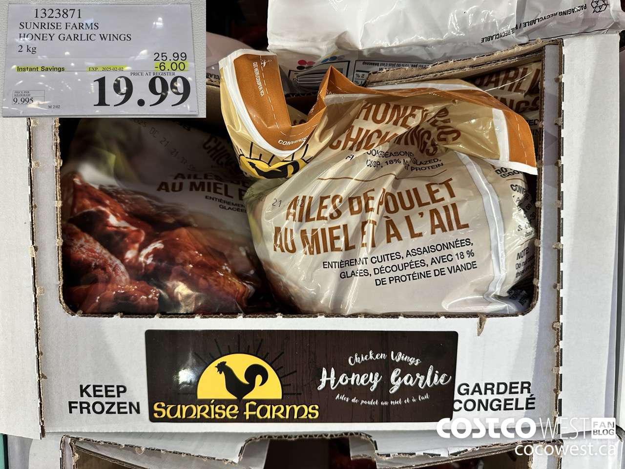 1323871 SUNRISE FARMS HONEY GARLIC WINGS 2 kg ($6.00 INSTANT SAVINGS EXPIRES ON 2025-02-02) $19.99