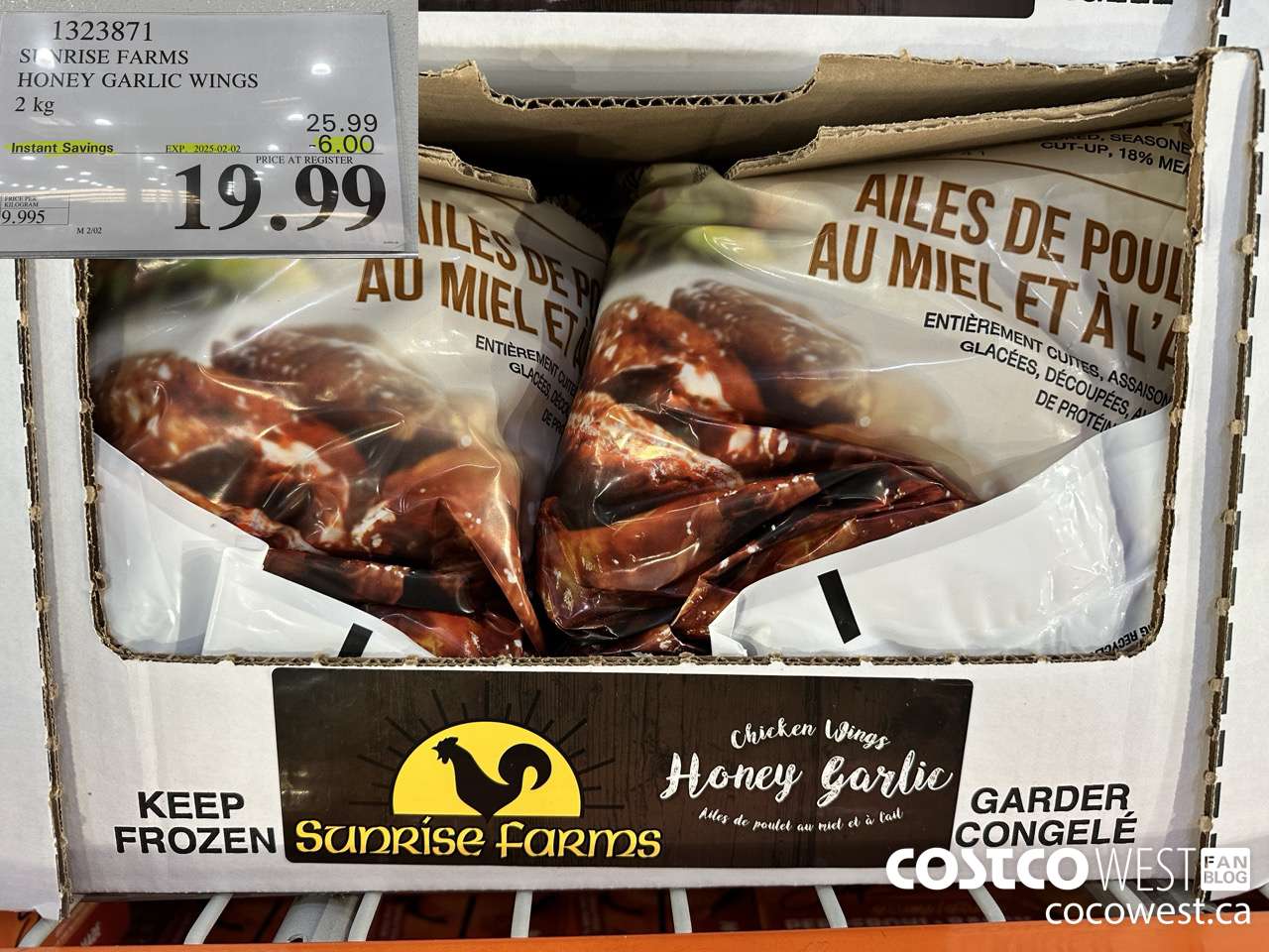1323871 SUNRISE FARMS HONEY GARLIC WINGS 2 kg ($6.00 INSTANT SAVINGS EXPIRES ON 2025-02-02) $19.99