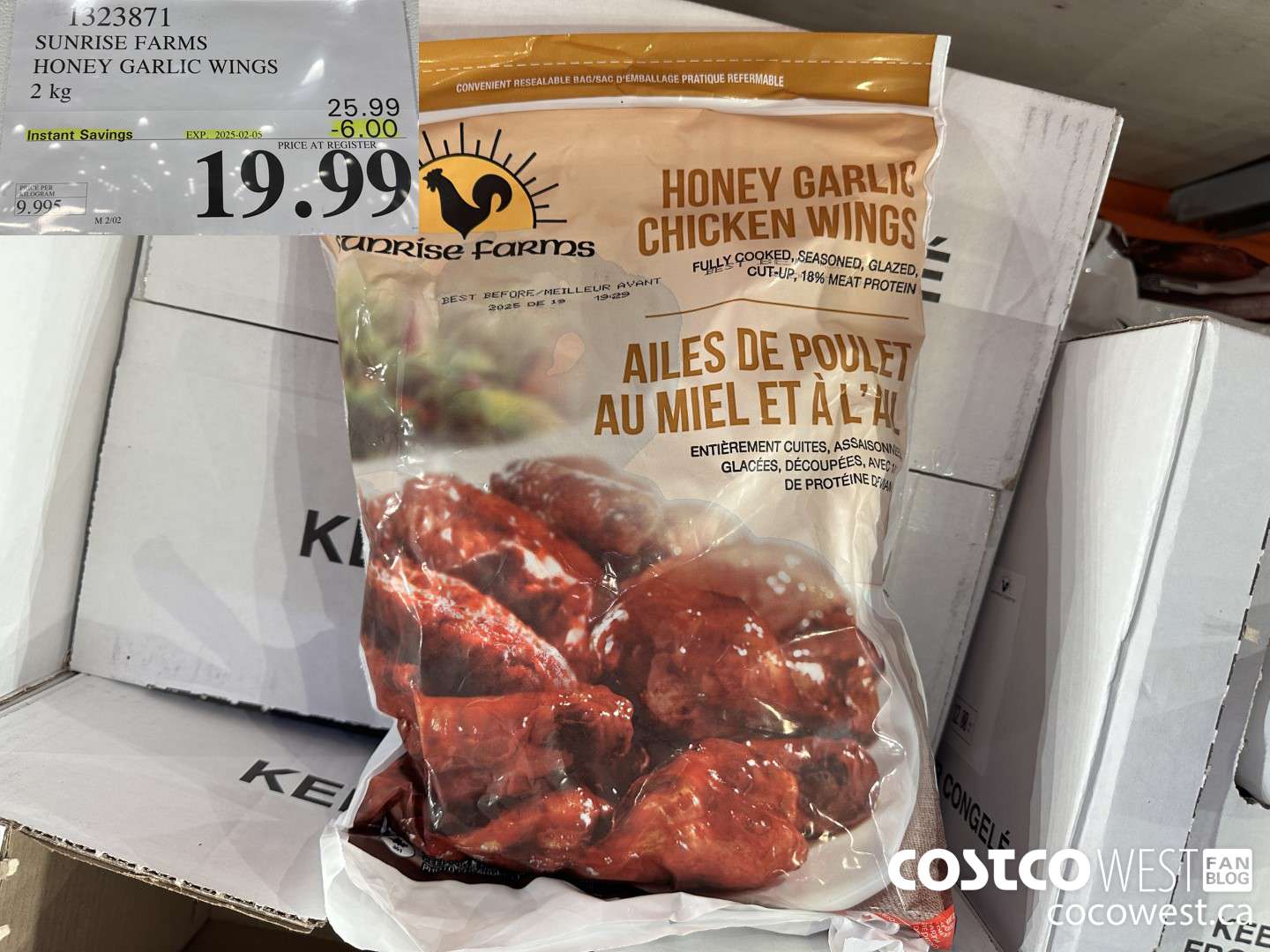 1323871 SUNRISE FARMS HONEY GARLIC WINGS 2 kg ($6.00 INSTANT SAVINGS EXPIRES ON 2025-02-05) $19.99