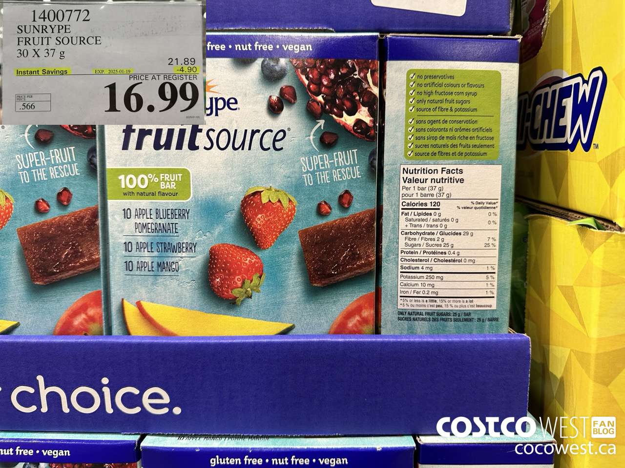 1400772 SUNRYPE FRUIT SOURCE 30 X 37 G ($4.90 INSTANT SAVINGS EXPIRES ON 2025-01-19) $16.99