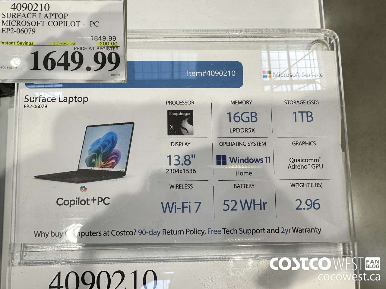4090210 SURFACE LAPTOP MICROSOFT COPILOT + PC EP2-06079 ($200.00 INSTANT SAVINGS EXPIRES ON 2025-01-30) $1649.99