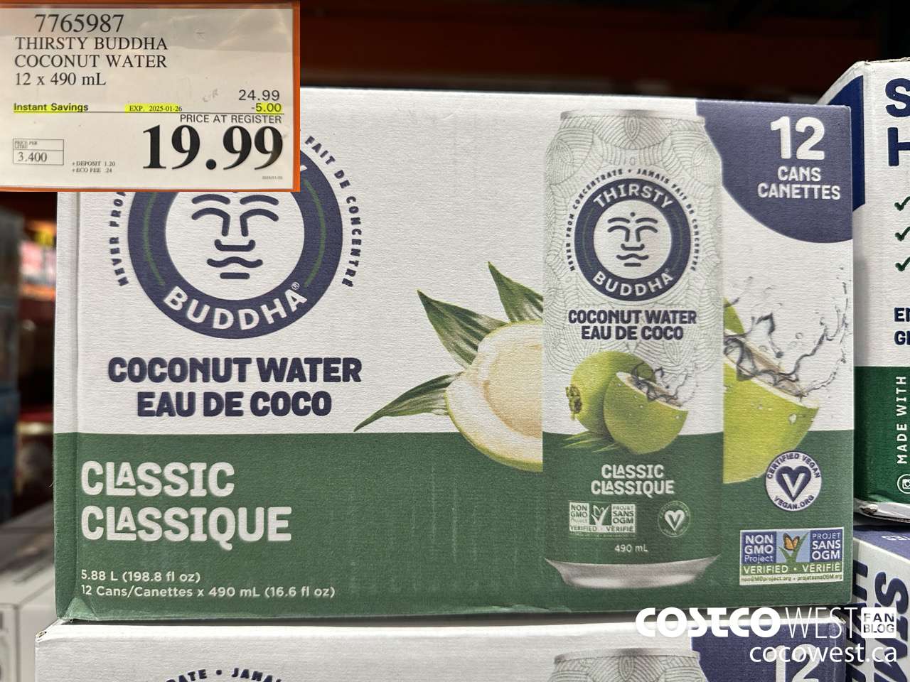 7765987 THIRSTY BUDDHA COCONUT WATER 12 X 490ML ($5.00 INSTANT SAVINGS EXPIRES ON 2025-01-26) $19.99