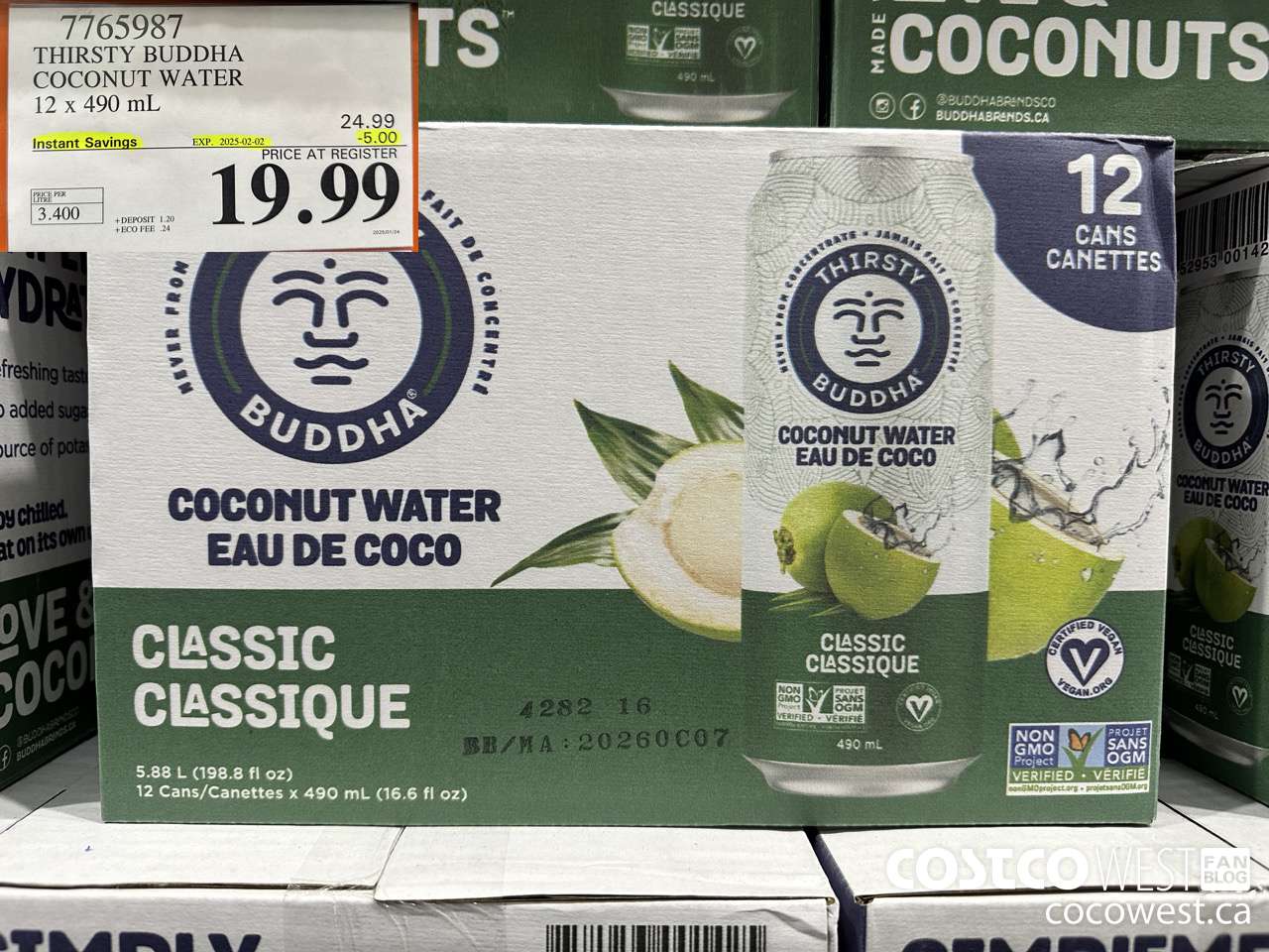 7765987 THIRSTY BUDDHA COCONUT WATER 12 X 490ML ($5.00 INSTANT SAVINGS EXPIRES ON 2025-02-02) $19.99