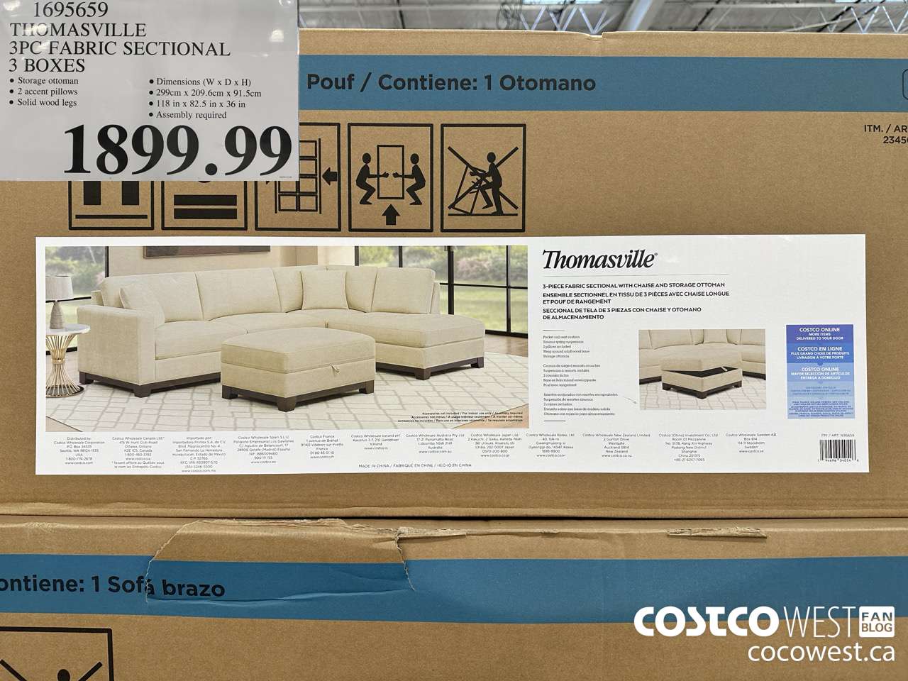 1695659 THOMASVILLE 3PC FABRIC SECTIONAL 3 BOXES $1899.99