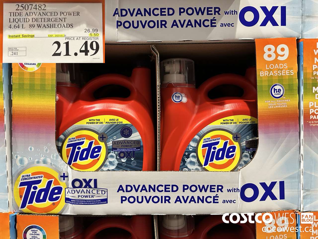 2507482 TIDE ADVANCED POWER LIQUID DETERGENT 4.64 L 89 WASHLOADS ($5.50 INSTANT SAVINGS EXPIRES ON 2025-01-26) $21.49