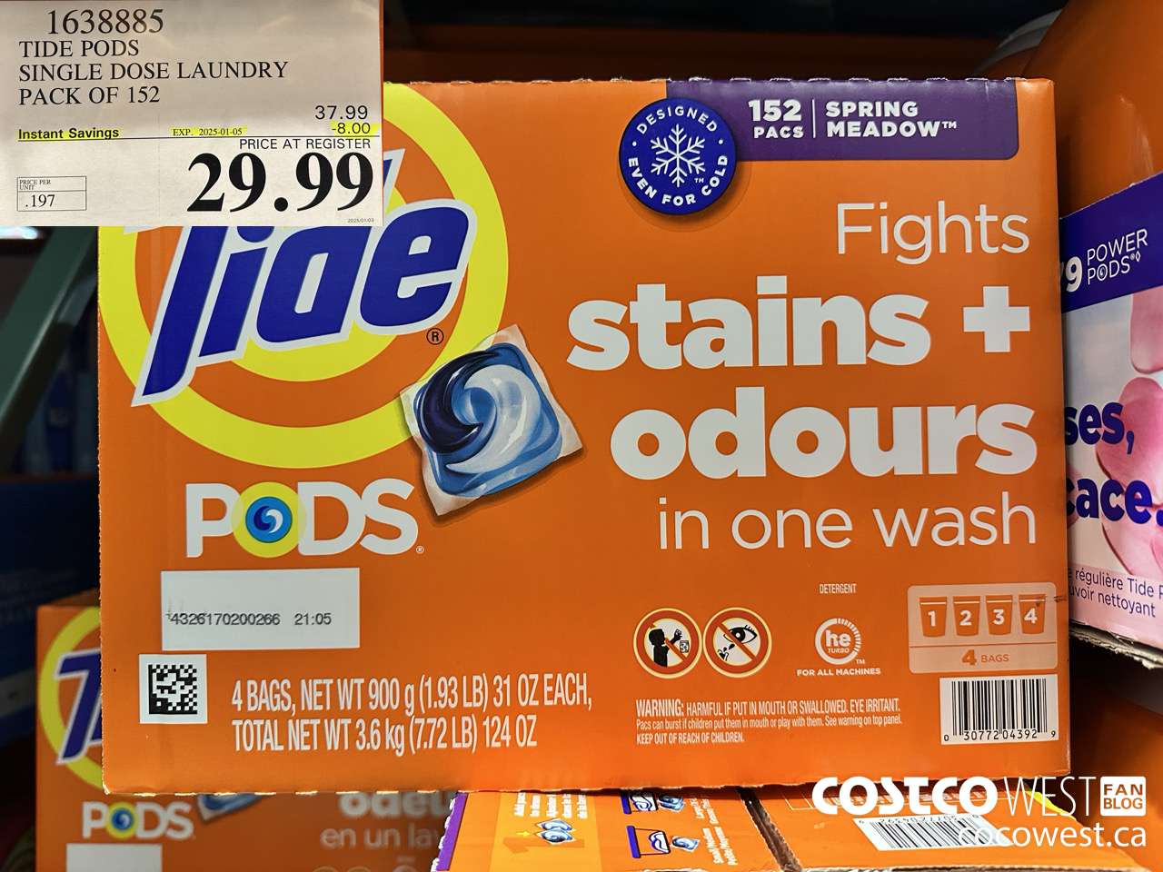 1638885 TIDE PODS SINGLE DOSE LAUNDRY 152 PACS ($8.00 INSTANT SAVINGS EXPIRES ON 2025-01-05) $29.99