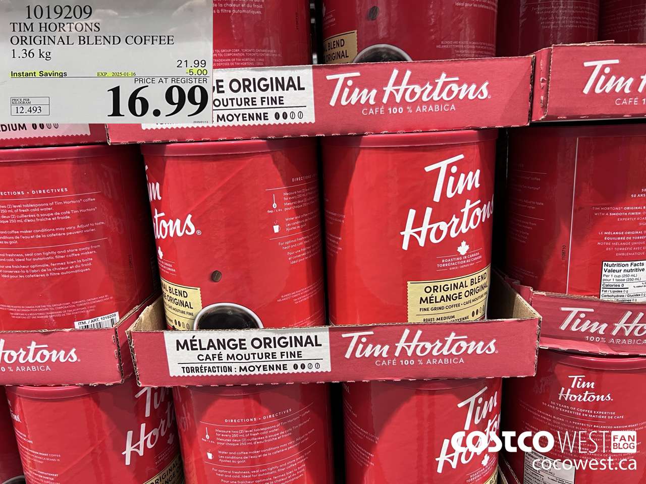 1019209 TIM HORTONS ORIGINAL BLEND COFFEE 1.36 KG ($5.00 INSTANT SAVINGS EXPIRES ON 2025-01-16) $16.99