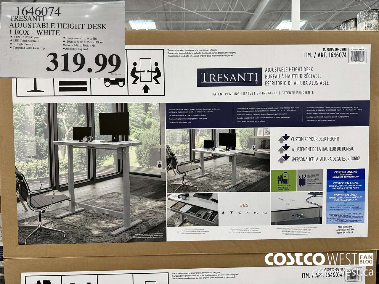 1646074 TRESANTI GELLER ADJUSTABLE HEIGHT DESK WHITE $319.99