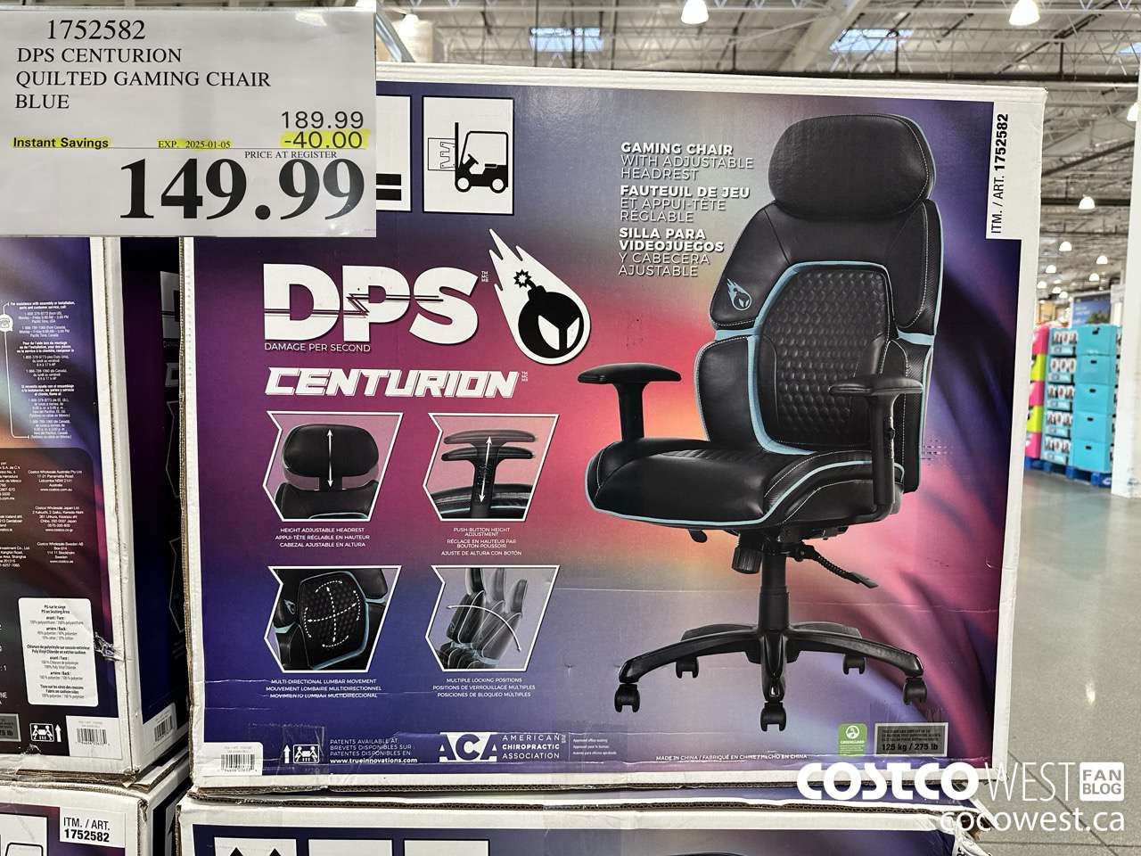 1752582 TRUE INNOVATIONS QUILTED GAMING CHAIR BLUE ($40.00 INSTANT SAVINGS EXPIRES ON 2025-01-05) $149.99