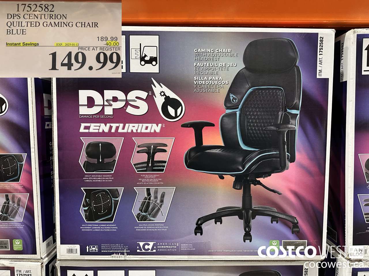 1752582 TRUE INNOVATIONS QUILTED GAMING CHAIR BLUE ($40.00 INSTANT SAVINGS EXPIRES ON 2025-01-12) $149.99