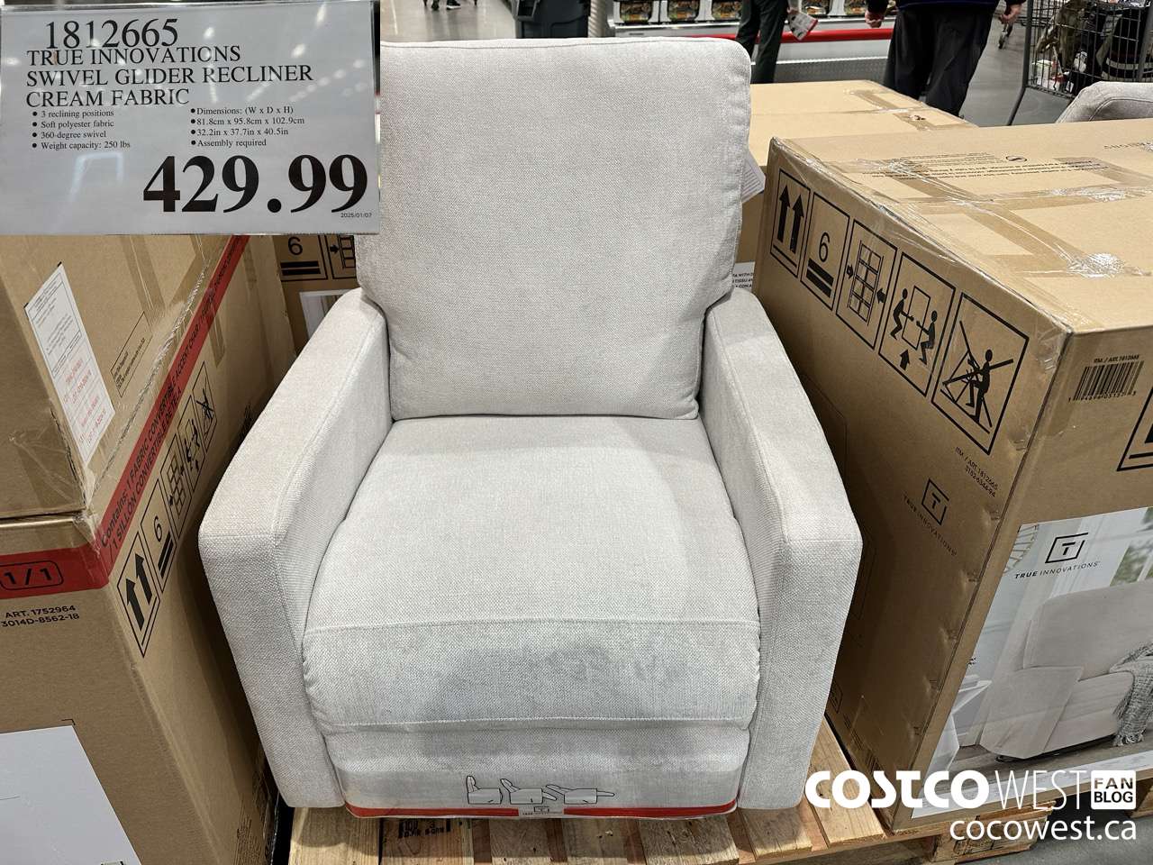 1812665 TRUE INNOVATIONS SWIVEL GLIDER RECLINER CREAM FABRIC $429.99